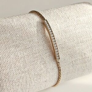 Gold Tone Crystal Bracelet Pavé Curved Bar Bolo Adjustable Wheat Chain Womens